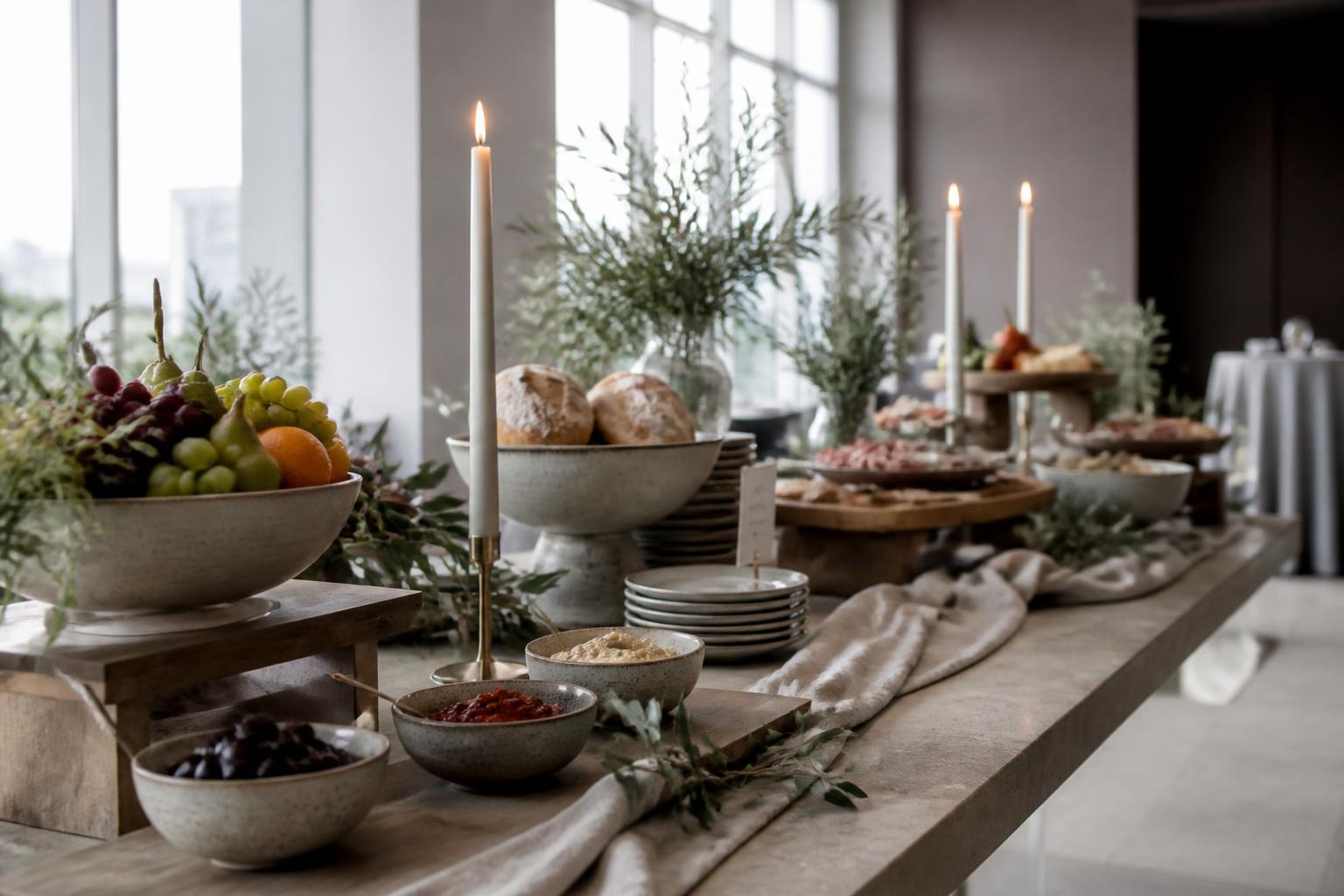 Uppbyggd matmiljö med servering och dekor för ett event i Stockholm