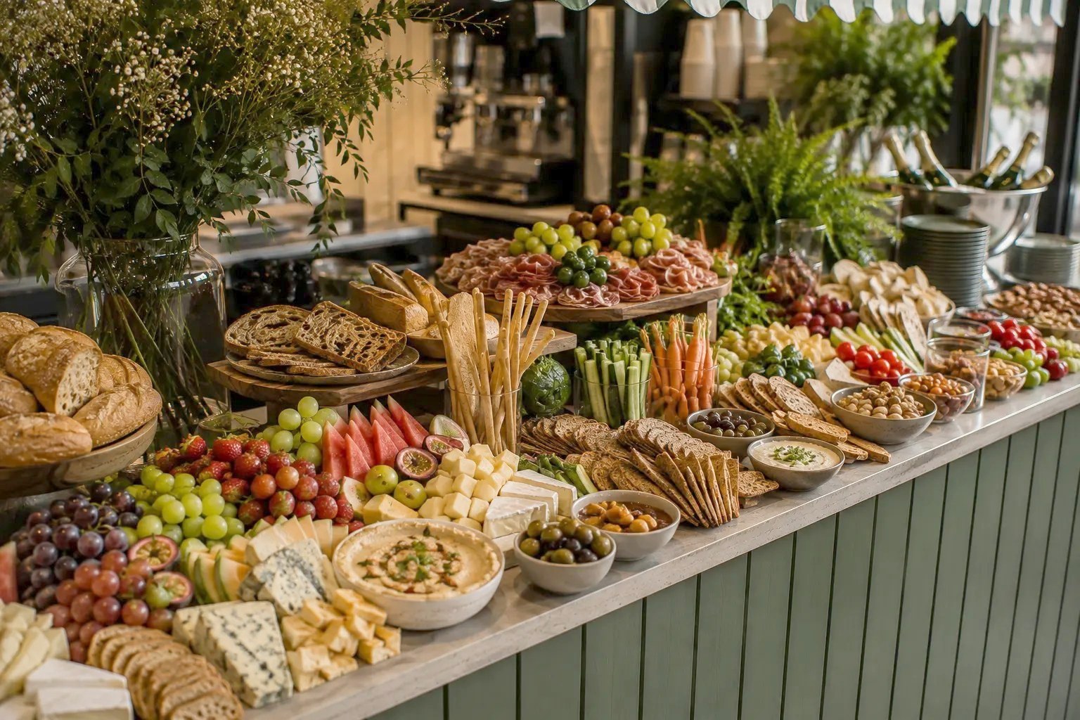 Grazing table med chark, ostar och bröd för event i Stockholm